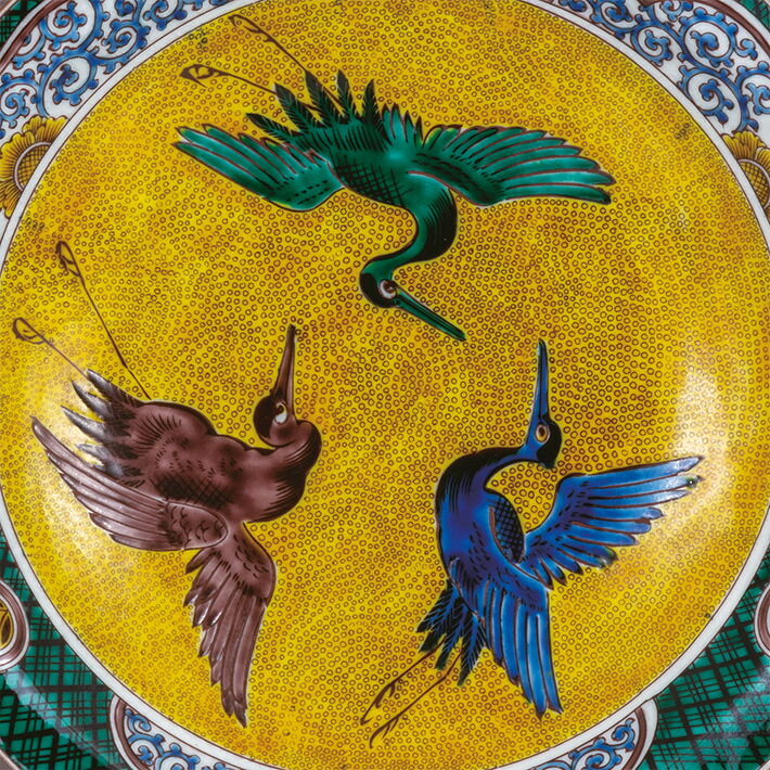 九谷焼 角福 吉田屋 花鳥 大皿 飾り皿 盛皿 黄色 青手 色絵 九