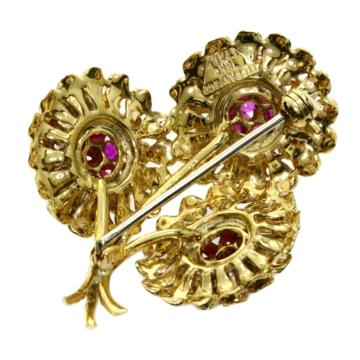 ダイヤ調の石とルビー調の石のフラワーモチーフブローチ k18?? ダイヤ