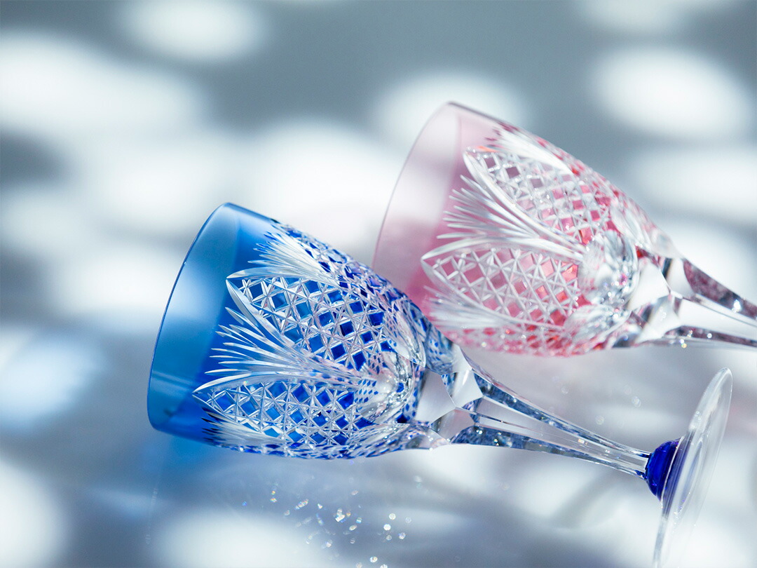 美品】江戸切子風 カットガラス デキャンタ／ブルー×クリア 八角形栓付き