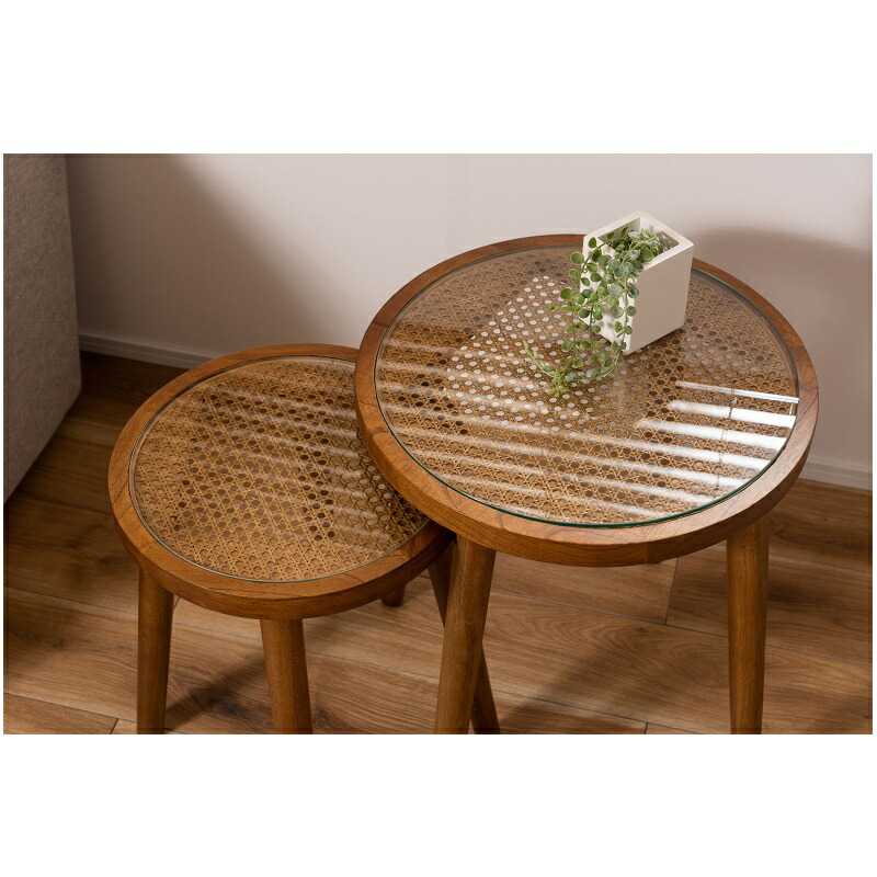 楽天市場】サイドテーブル ガラス 丸 ラタン 木製 天然木 幅35 ガラス