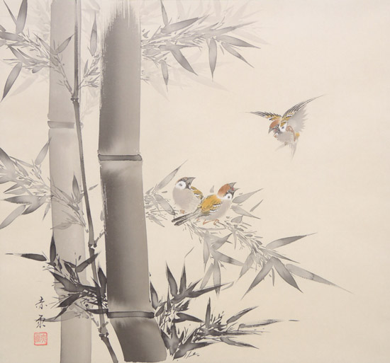 楽天市場】掛け軸 竹に雀 (山口赤雨) 送料無料 （掛軸小物なし