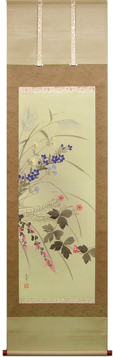 掛け軸 小栗春峰 作『 秋草 』 絹本 共箱 希少 軸装 茶道具 掛軸 美品