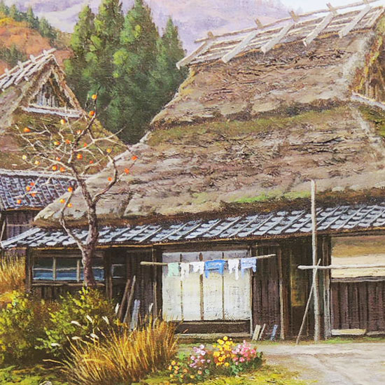 真作」猿渡一根『秋色の民家』 風景画 油彩画 額装 サイン有り F10号