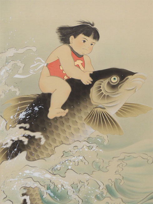 童陣営合戦図】玉盈 714 端午の節句 金太郎 掛け軸 肉筆 童陣営