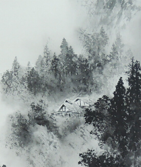 真作】掛軸 山水図 静寂の山河を描く墨彩の逸品 気韻生動の風景美 T182