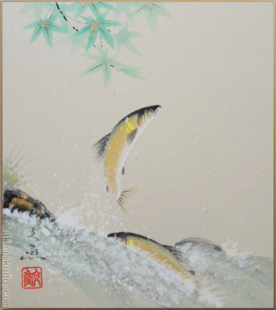 真作】絵画 日本画（色紙） 鮎図 魚と水草 和の美 W165 真作】絵画