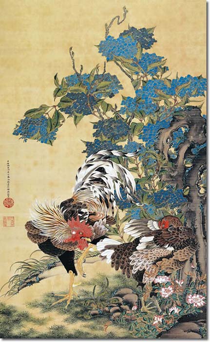 楽天市場】掛け軸 掛軸 伊藤若冲 （いとうじゃくちゅう）・紫陽花双鶏