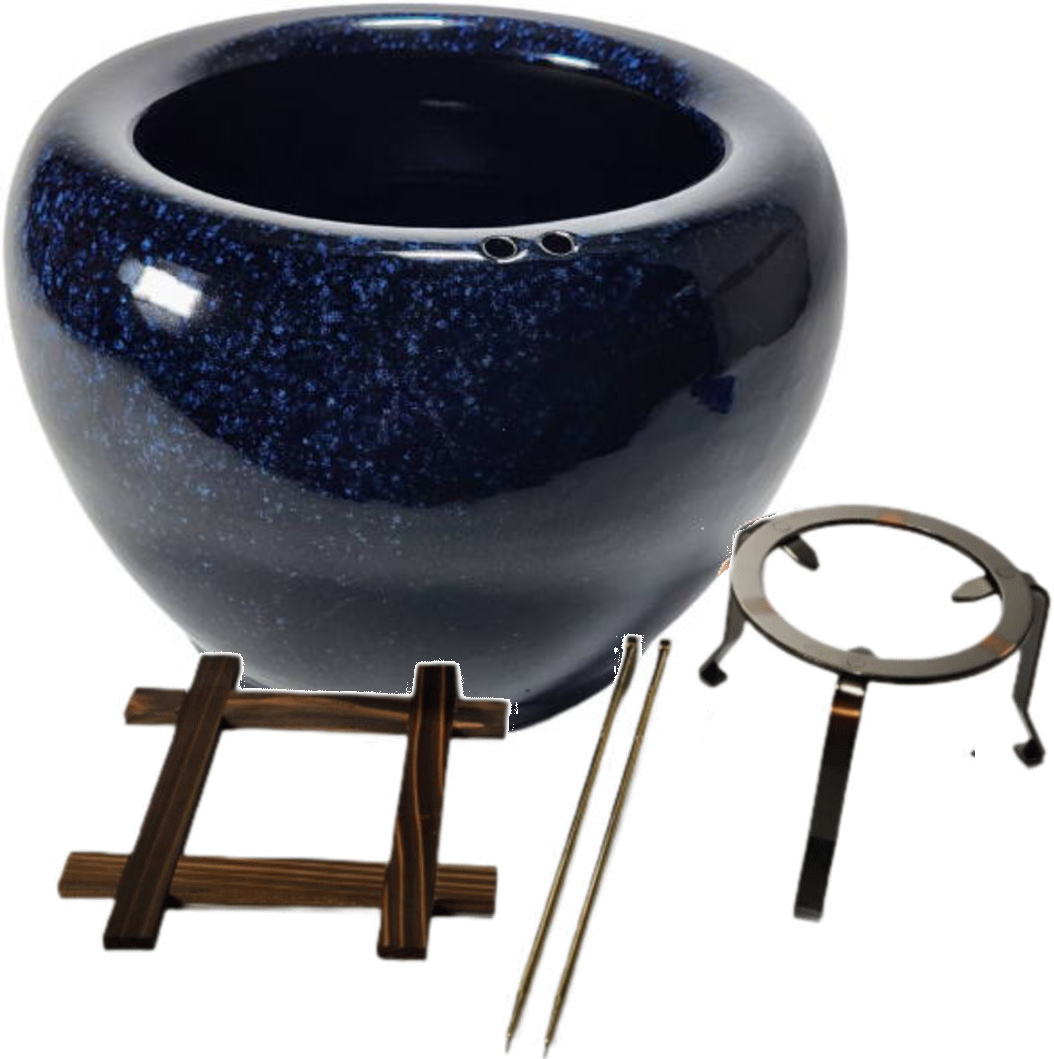 縦長火鉢 立ち火鉢 大型火鉢 五徳、火箸付き 昭和レトロ ブルー 青 縦