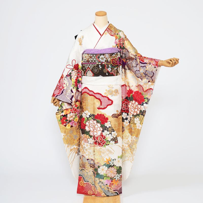 ⑩振袖セット成人式振袖＆長襦袢ポリエステル大きな橘レトロモダン