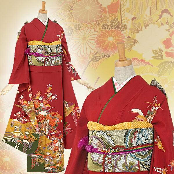 楽天市場】【成人式 振袖 レンタル】RS044 正絹 エンジ 四季文フル