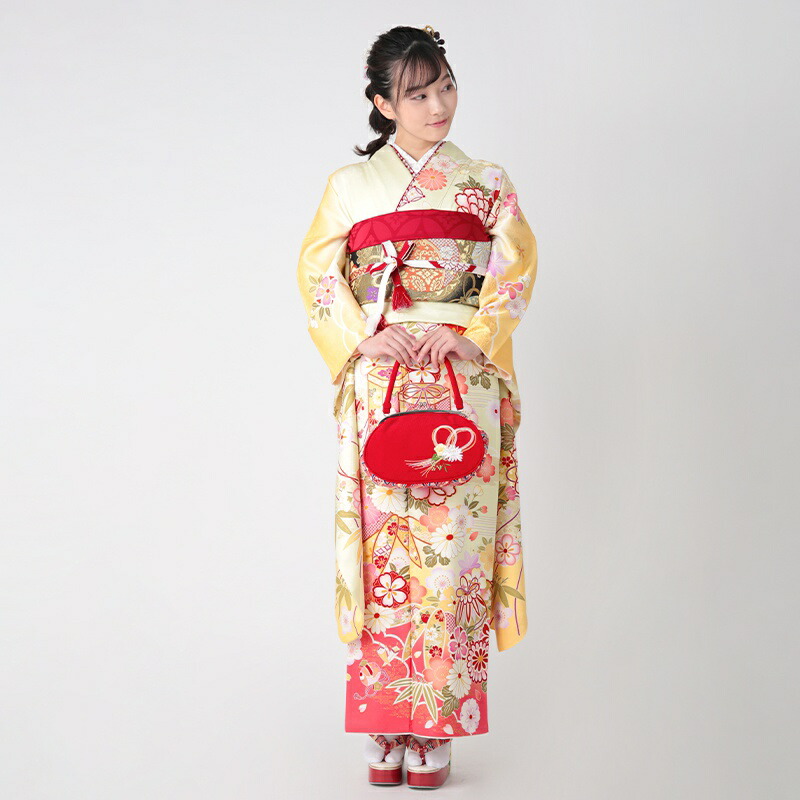 楽天市場】【成人式 振袖 レンタル】RS1493 正絹 黄 吉祥菊牡丹に貝桶