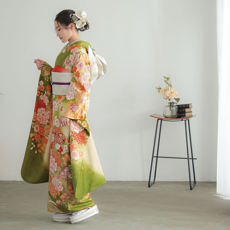 楽天市場】【振袖 レンタル】 結婚式 結納R1529 正絹 黄緑 牡丹に鼓