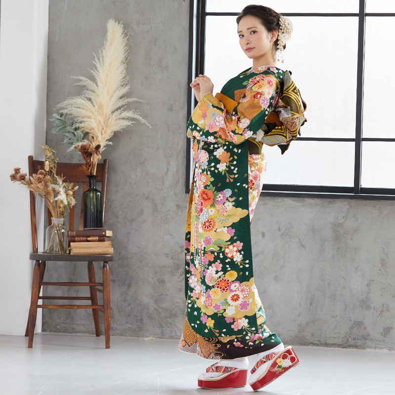 楽天市場】【成人式 振袖 レンタル】RS1533 正絹 深緑 豪華古典熨斗桜