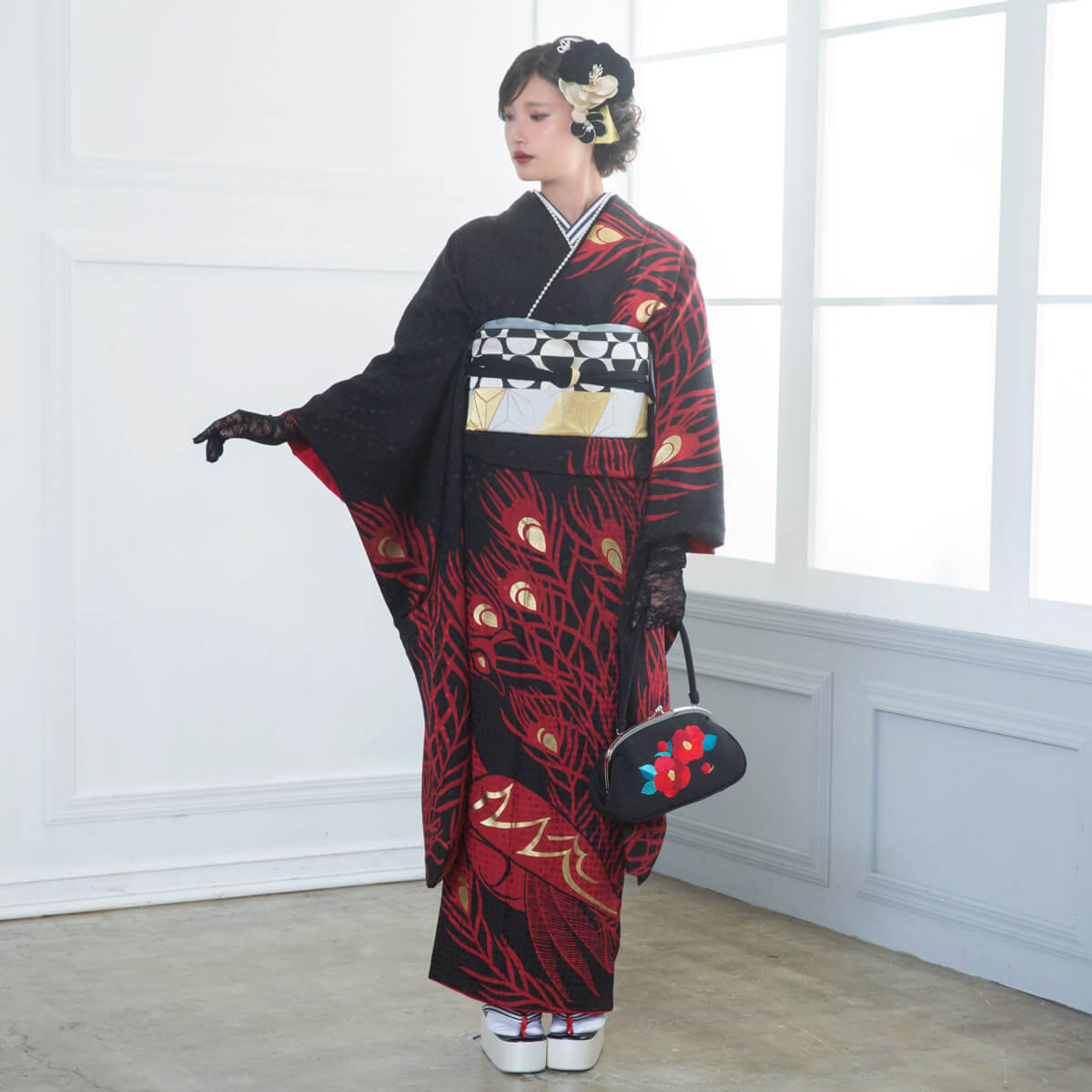 楽天市場】【成人式 振袖 レンタル】RS1668 正絹 黒 孔雀 モダン