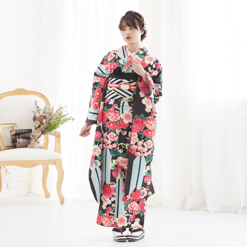 楽天市場】【成人式 振袖 レンタル】RS1607黒茶×水色 矢羽根に花の丸