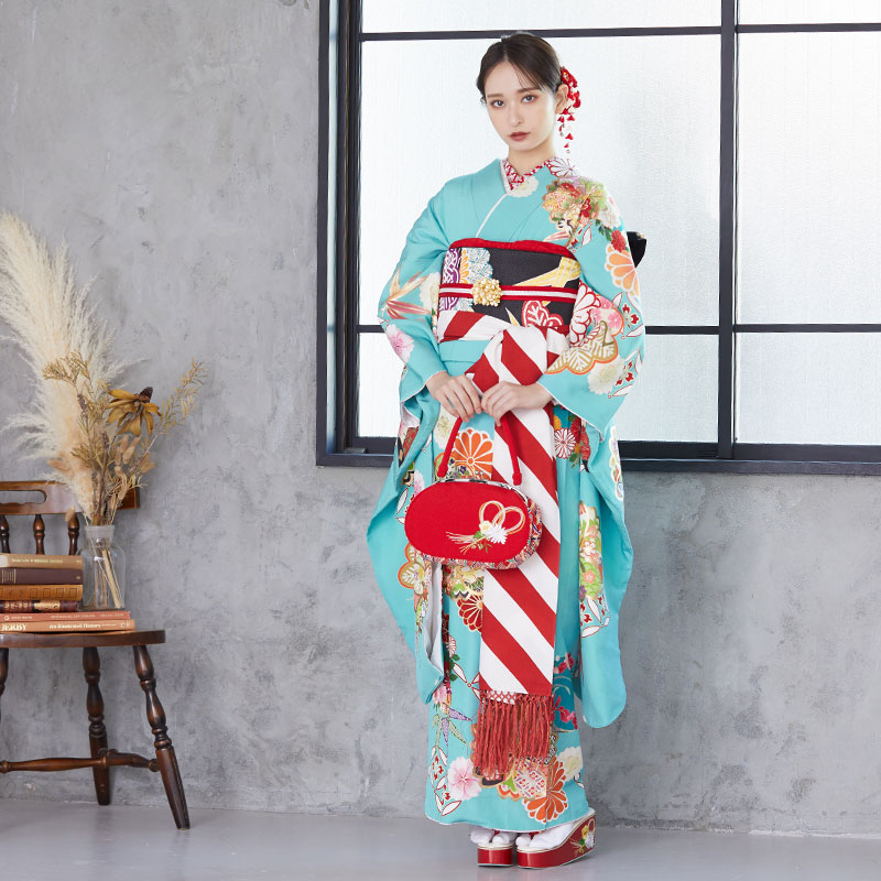 楽天市場】【成人式 振袖 レンタル】RS1622 正絹 ミントブルー 松笹に