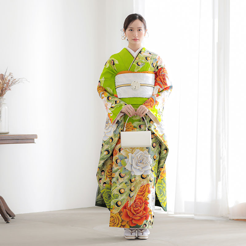 508z16〇仮絵羽 振袖 金彩 蝶々 桜 明るい緑〇美品 成人式 結婚式