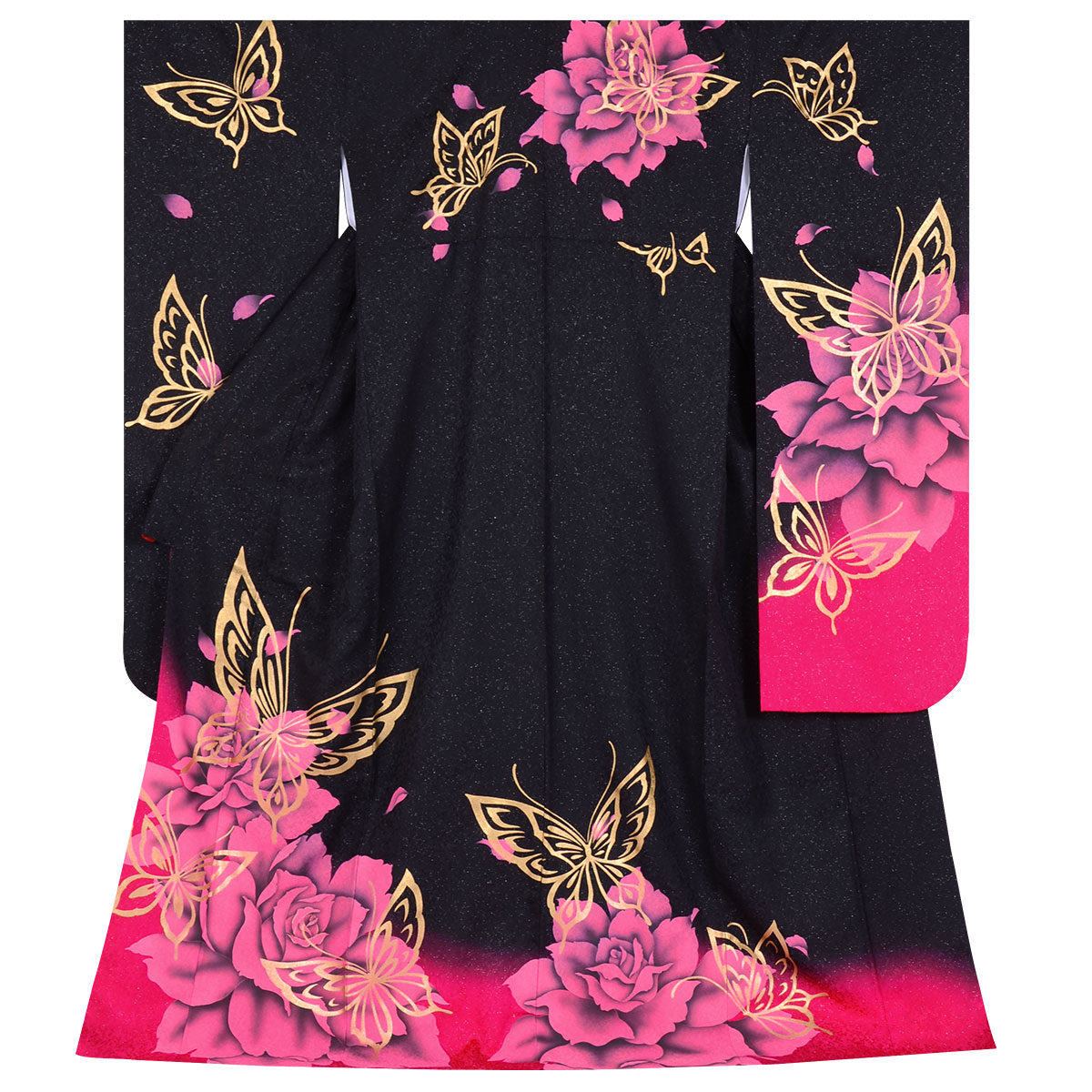 574.正絹振袖、黒バラ、160ぐらい 574.正絹振袖、黒バラ、160ぐらい