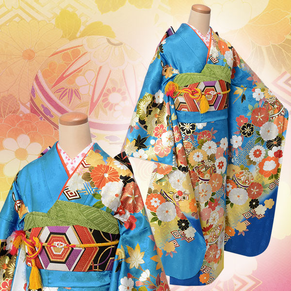 楽天市場】【成人式 振袖 レンタル】RS1811 正絹 青×白 毬に桜菊梅松