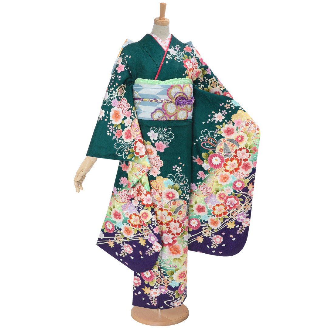 楽天市場】【成人式 振袖 レンタル】RS1834 正絹 緑 流水に菊桜と毬
