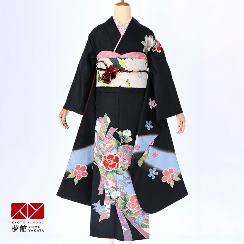 楽天市場】【成人式 振袖 レンタル】RS176黒 椿手鞠熨斗柄フルセット