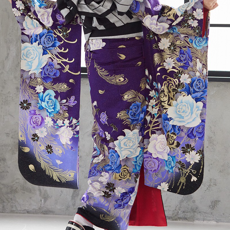 振袖セット 振袖フルセット 正絹振袖 駒刺繍 薔薇 銀通し 金銀系 黒紫