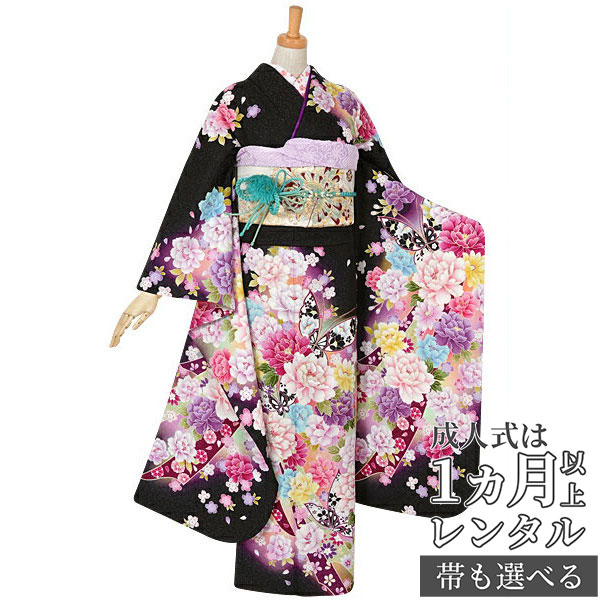 楽天市場】【成人式 振袖 レンタル】RS1032 正絹 黒 牡丹と蝶に熨斗