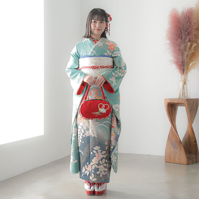 楽天市場】【成人式 振袖 レンタル】RS1178 正絹 青緑 椿に菊梅文様