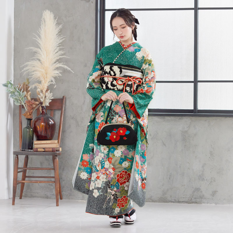 楽天市場】【成人式 振袖 レンタル】RS1179 正絹 緑 四季の花に蝶フル
