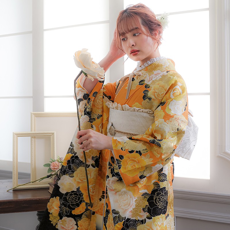 楽天市場】【振袖 レンタル】 結婚式 結納R1186 正絹 黄 薔薇 振袖