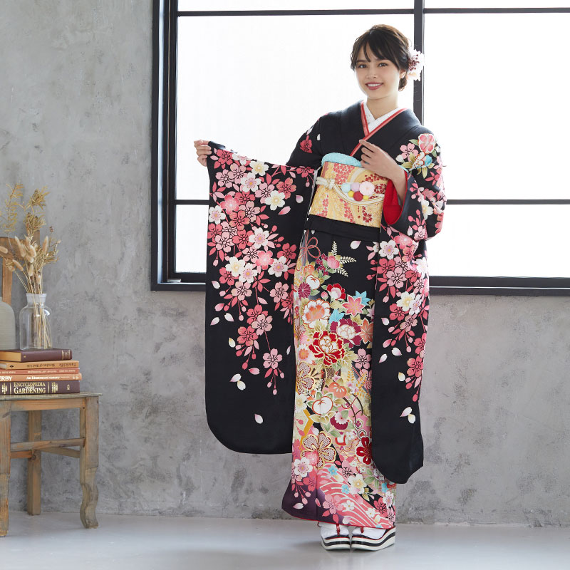 楽天市場】【成人式 振袖 レンタル】RS1100 正絹 黒 吉祥花車 乙葉