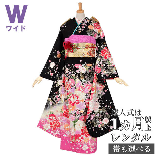楽天市場】【成人式 振袖 レンタル】RS1104 正絹 黒 牡丹と桜（ピンク