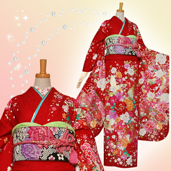 楽天市場】【成人式 振袖 レンタル】RS1113 正絹 赤 百合牡丹に蝶フル