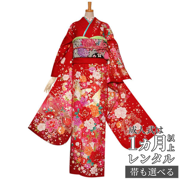 楽天市場】【成人式 振袖 レンタル】RS1113 正絹 赤 百合牡丹に蝶フル