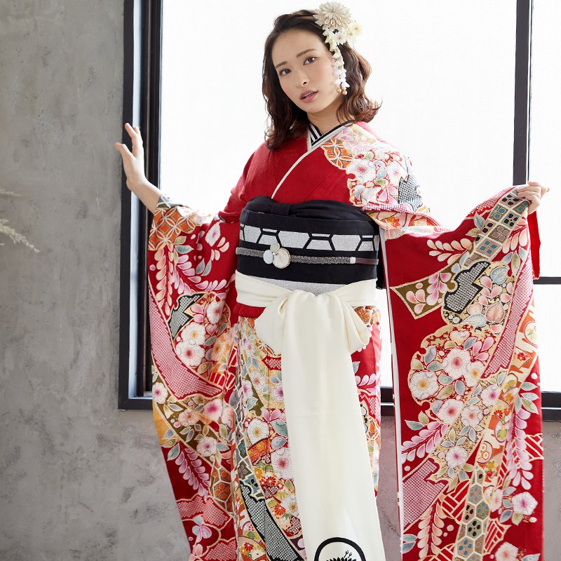 振袖 フルセット 金通し 辻が花 豪華 濃赤 可愛い 絞り m5 振袖 フル
