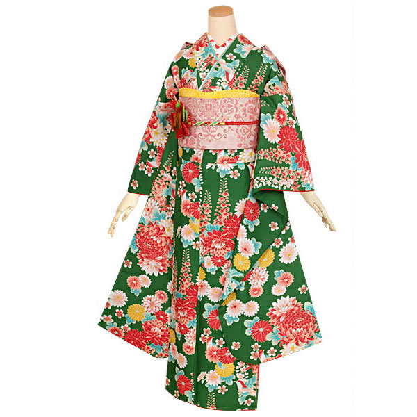 楽天市場】【成人式 振袖 レンタル】RS1259緑 菊と藤の花フルセット