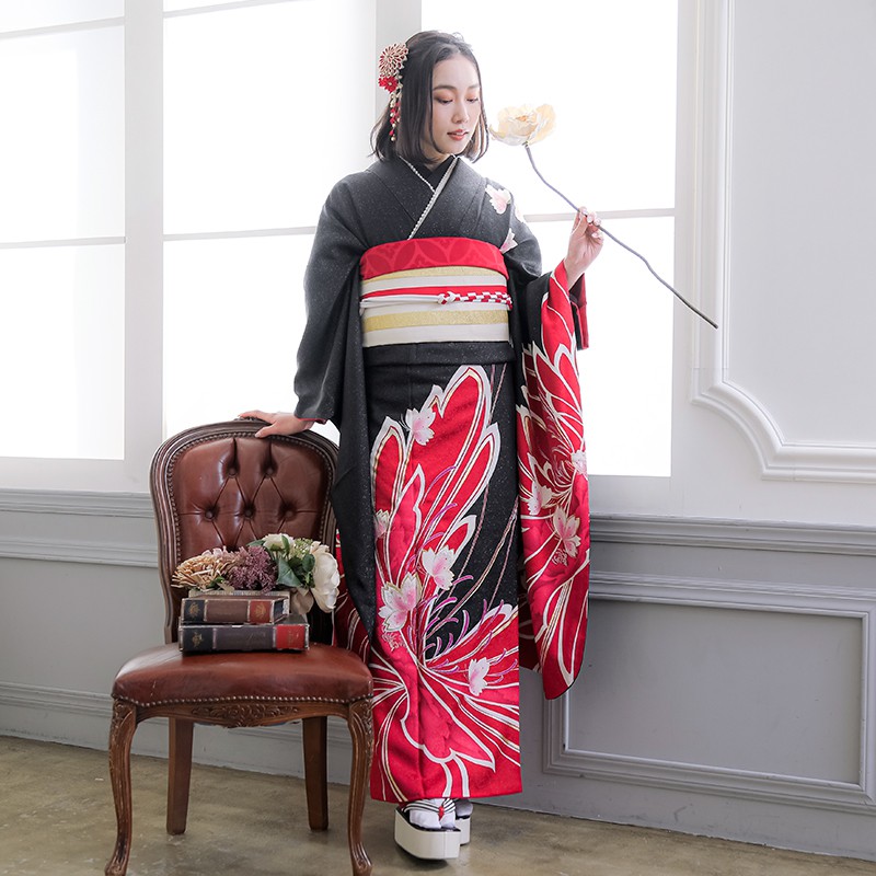 楽天市場】【振袖 レンタル】 結婚式 結納R1228 正絹 黒 桜蝶々 振袖