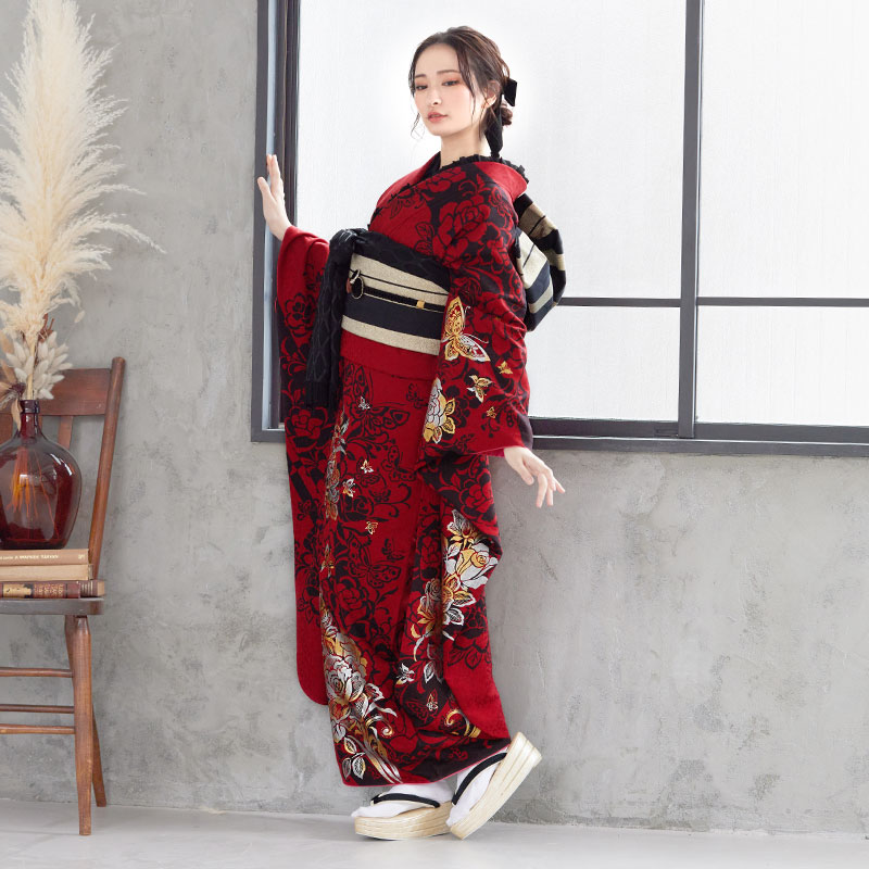 振袖 振り袖 成人式 フルセット 正絹 黒 赤 花柄 正絹の振袖 黒と赤の