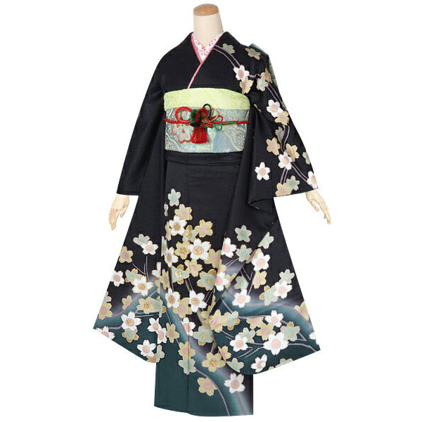 着物 振袖 正絹 未使用 (色)黒地ラメ、裾緑 (柄) 牡丹に桜 身丈164cm