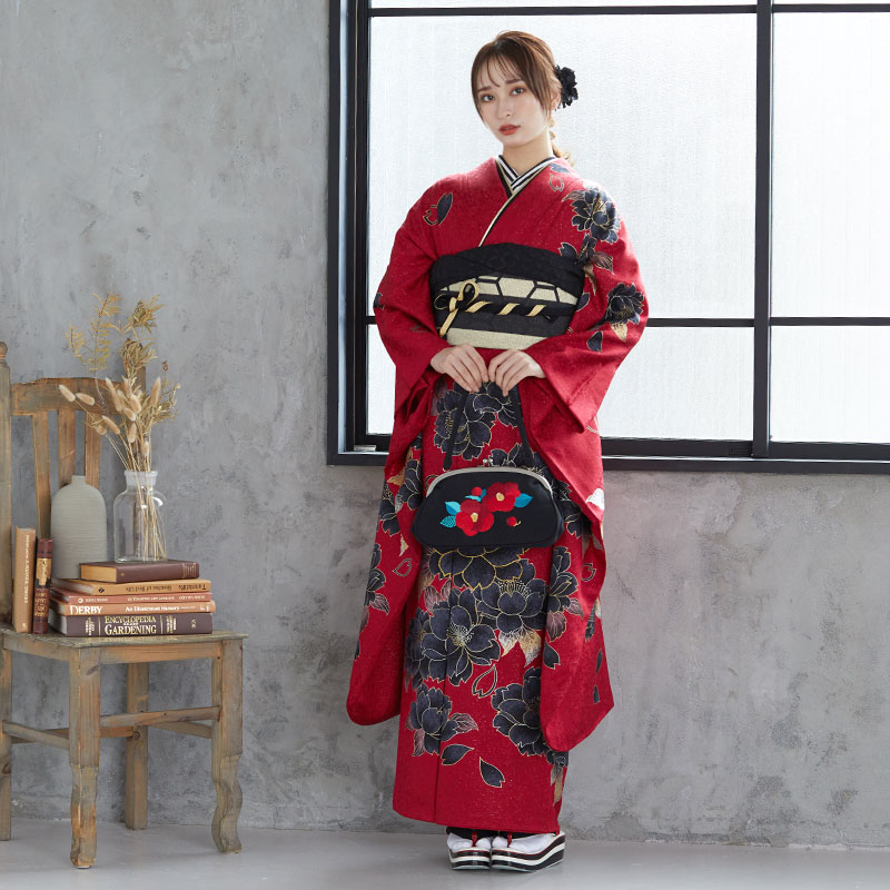 楽天市場】【成人式 振袖 レンタル】RS1328 正絹 赤 黒牡丹フルセット