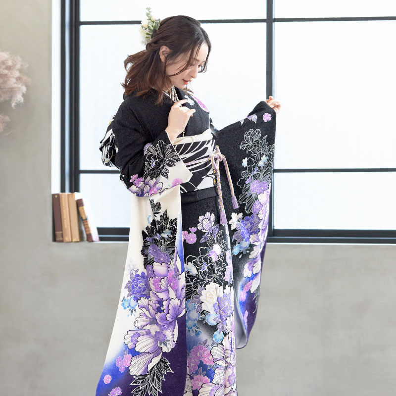 振袖 紫系 濃い紫 桜 鞠 熨斗柄 銀通し 正絹 振袖 紫系 濃い紫 桜 鞠