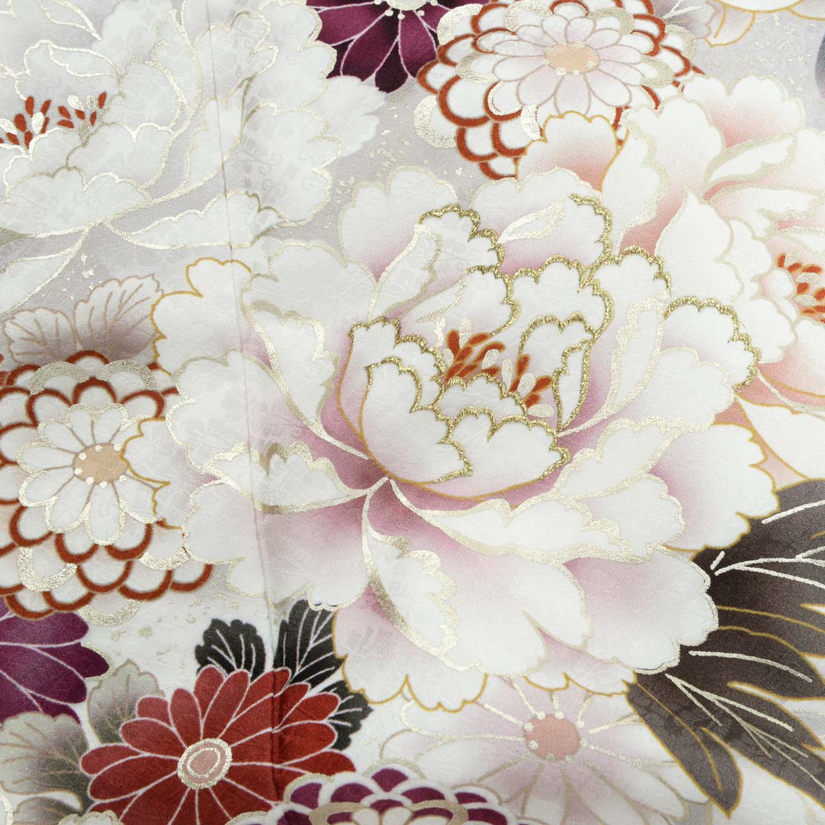 9772］振袖 4点セット 牡丹草花 逸品 白 成人式 卒業式 正絹 着物 袷