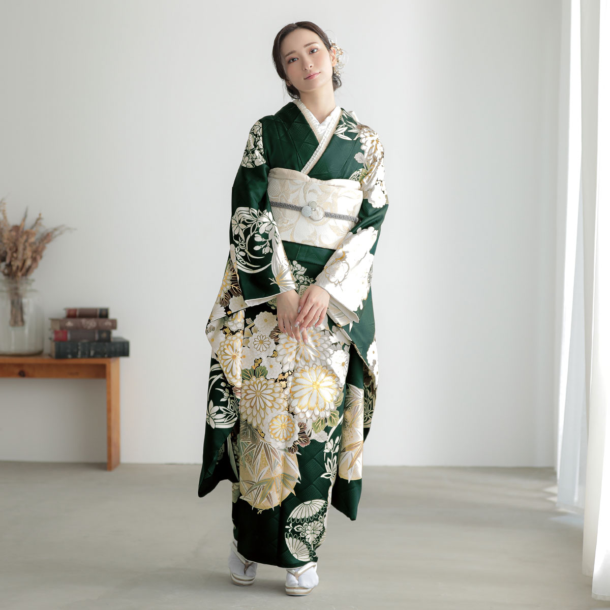 高身長さんに深緑の振袖 フルセット身長160から175くらいまで