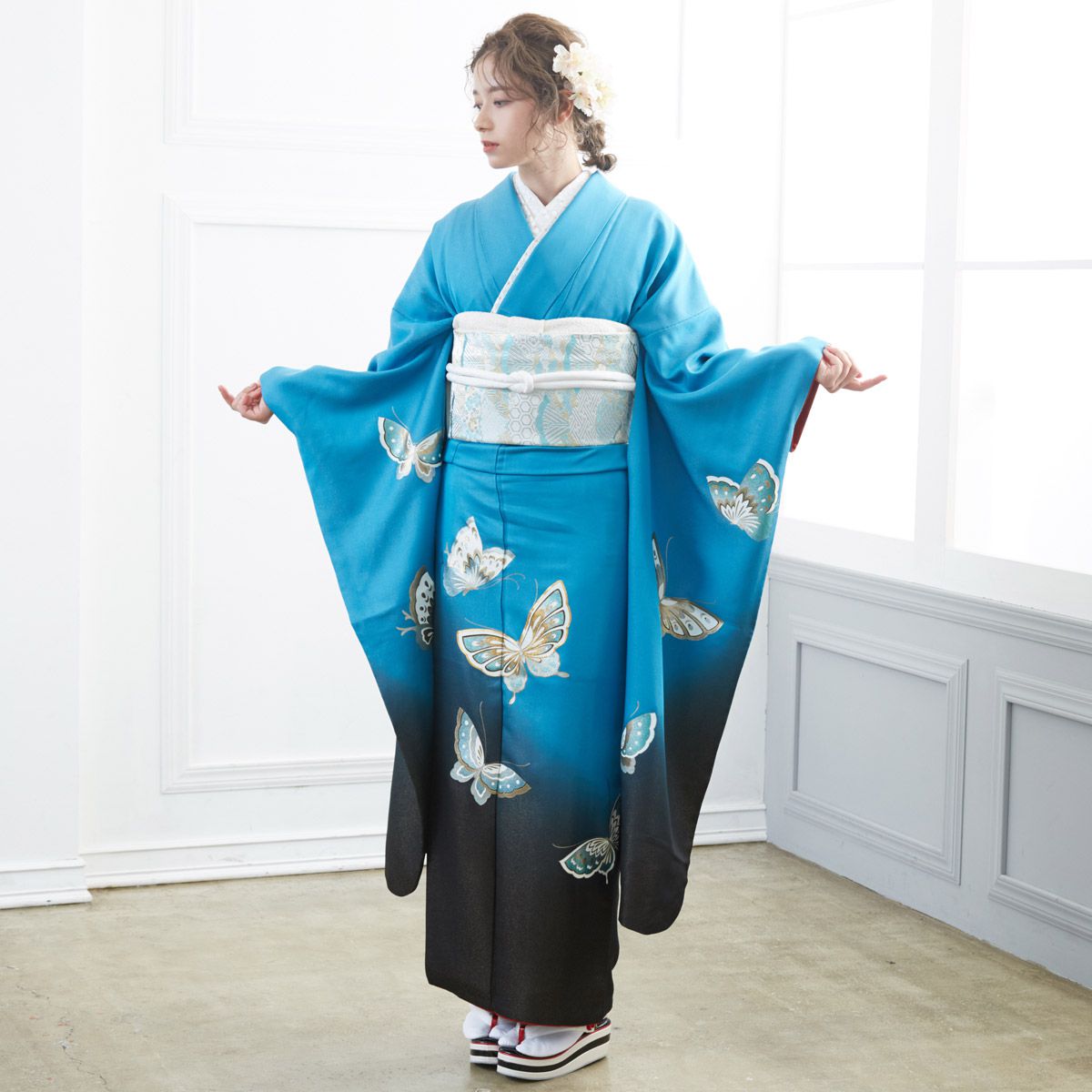 振袖 帯 帯締め帯揚げ 衿 花蝶文 金彩 振袖セット 振袖フルセット 紫 59