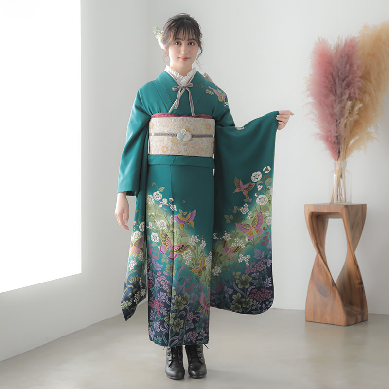 振袖フルセット 緑地に四季の花々や蝶が舞う 正絹 ふくれ織 成人式