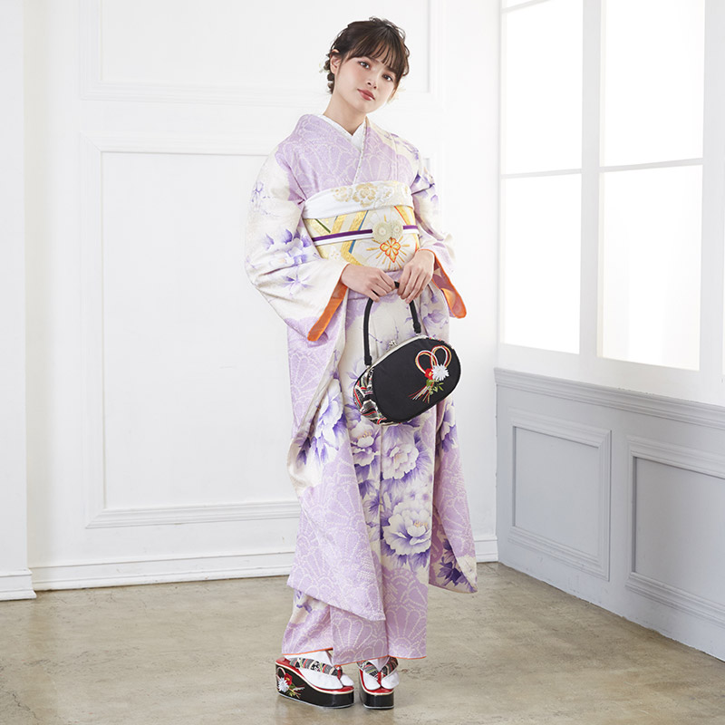 成人式 振袖フルセット 1139 白地 ピンク 紫花柄 正絹 振袖 格安