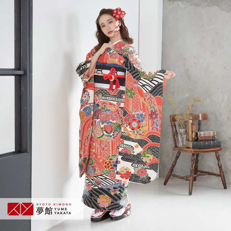 正絹 紅型調赤振袖＆長襦袢＆帯揚げ帯締めセット 【公式通販】