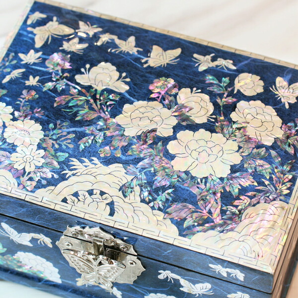 楽天市場】韓国螺鈿 螺鈿漆器 螺鈿 高級 宝石箱 花 蝶 青 ブルー