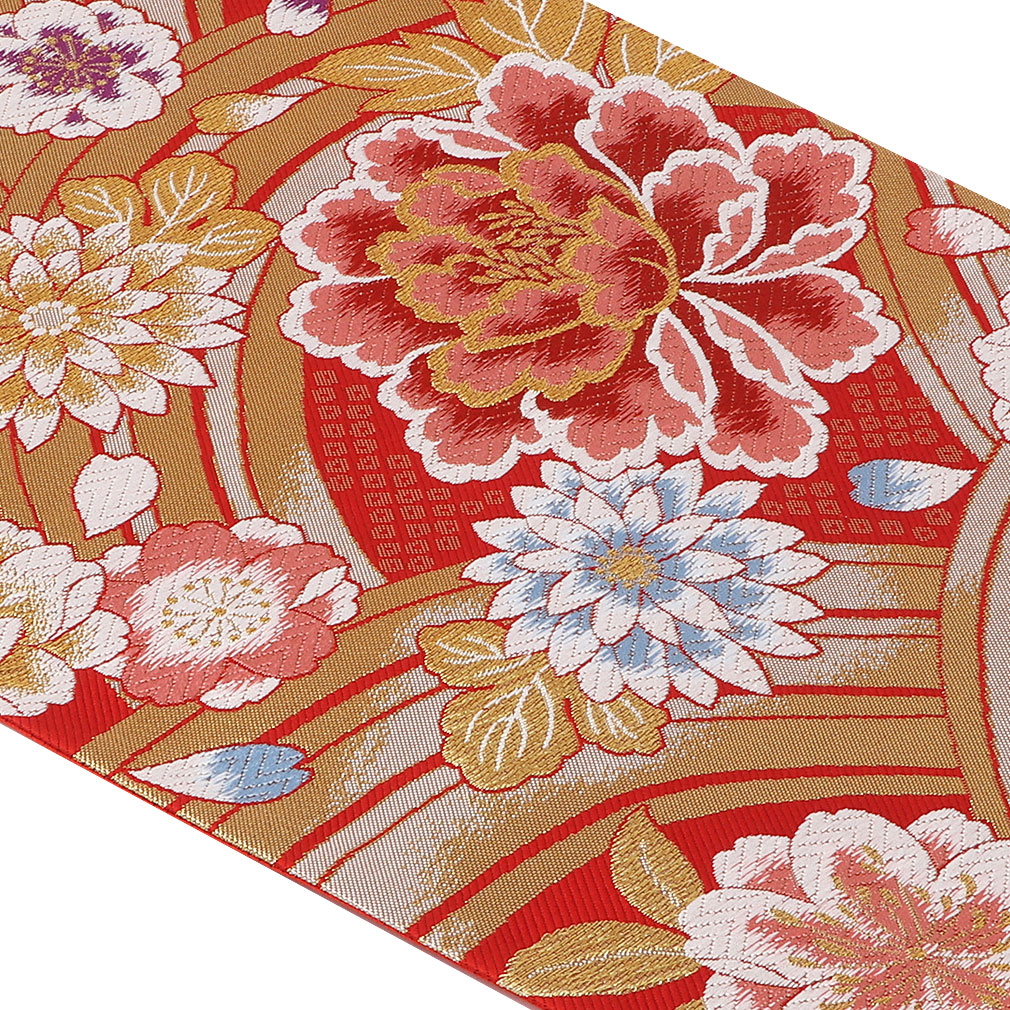 楽天市場】袋帯 振袖用 帯 成人式 赤 青海波 牡丹 西陣織 大光織物