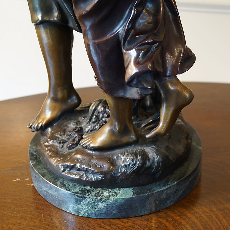 清】ブロンズ 天然大理石 少女二人立像 置物 飾り物【置物☆天然大理石